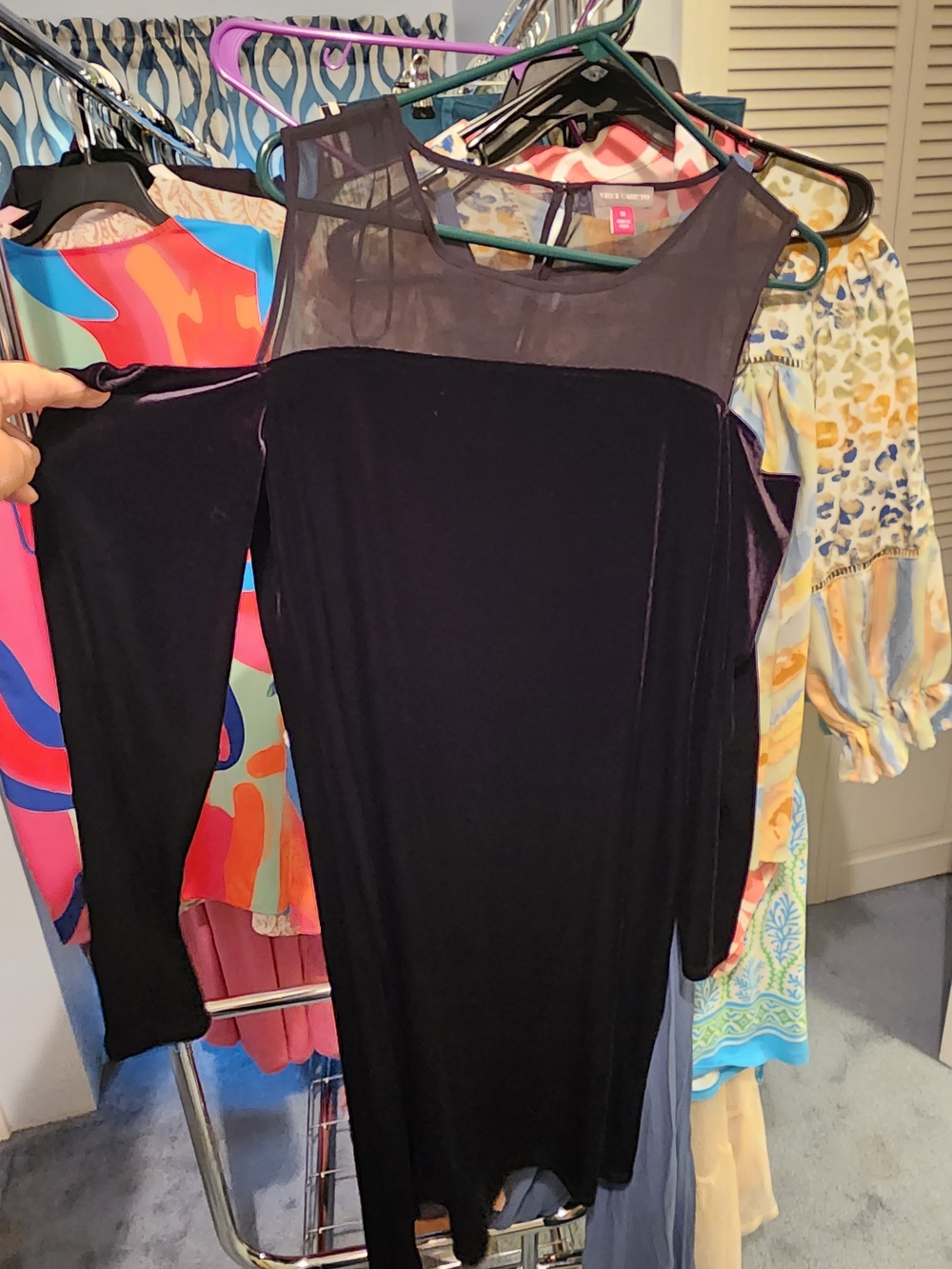 Vince Camuto Black Velvet Midi Dress with Sheer Yoke